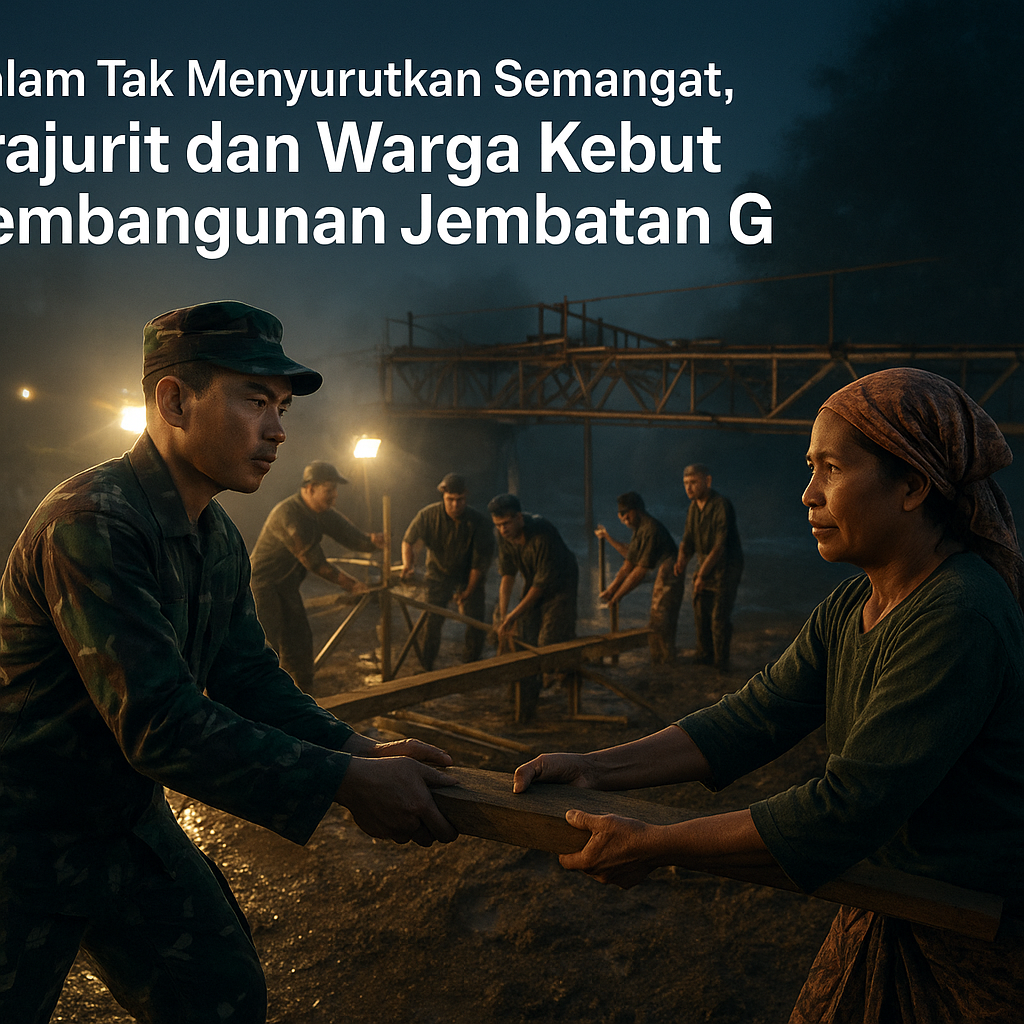 Malam Tak Menyurutkan Semangat, Prajurit dan Warga Kebut Pembangunan Jembatan G