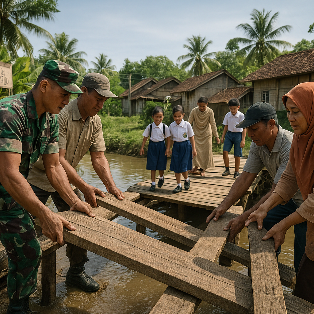 Satgas TNI Bantu Perbaiki Jembatan Putus, Anak-Anak Sekolah Kembali Tersenyum