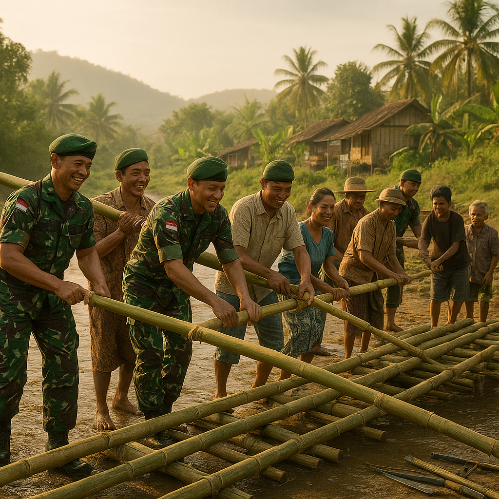 Prajurit TNI Membangun Jembatan Bambu di Kampung Nusawa, Warga Tak Lagi Terisolasi