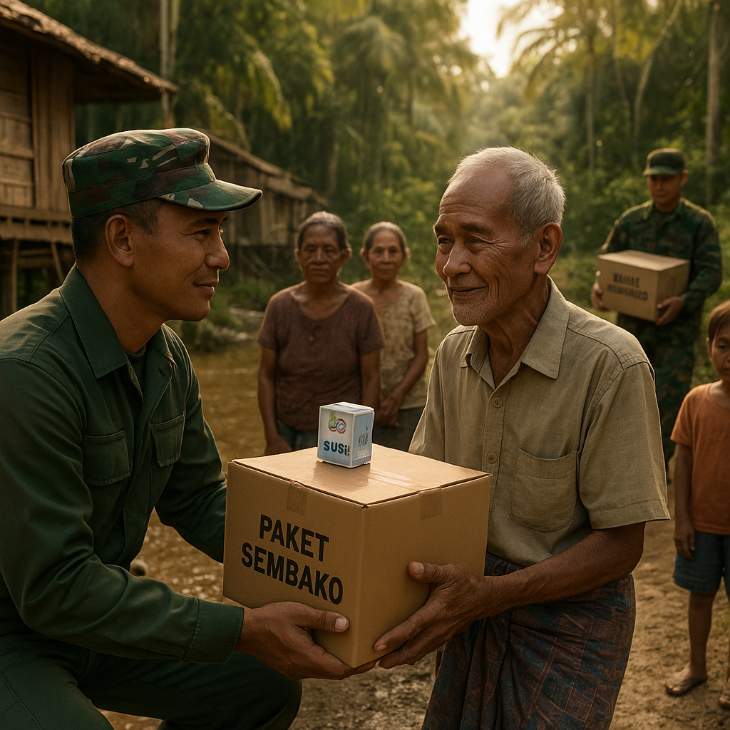 Satgas TNI Bagikan Paket Sembako dan Susu untuk Lansia di Kampung Terisolasi Kalimantan