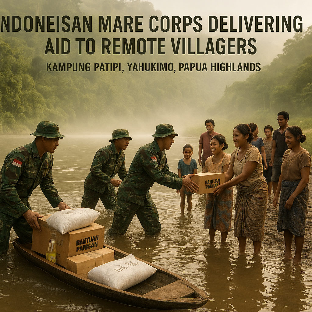 Prajurit Marinir Seberangi Sungai Beri Bantuan untuk Warga Patipi di Yahukimo