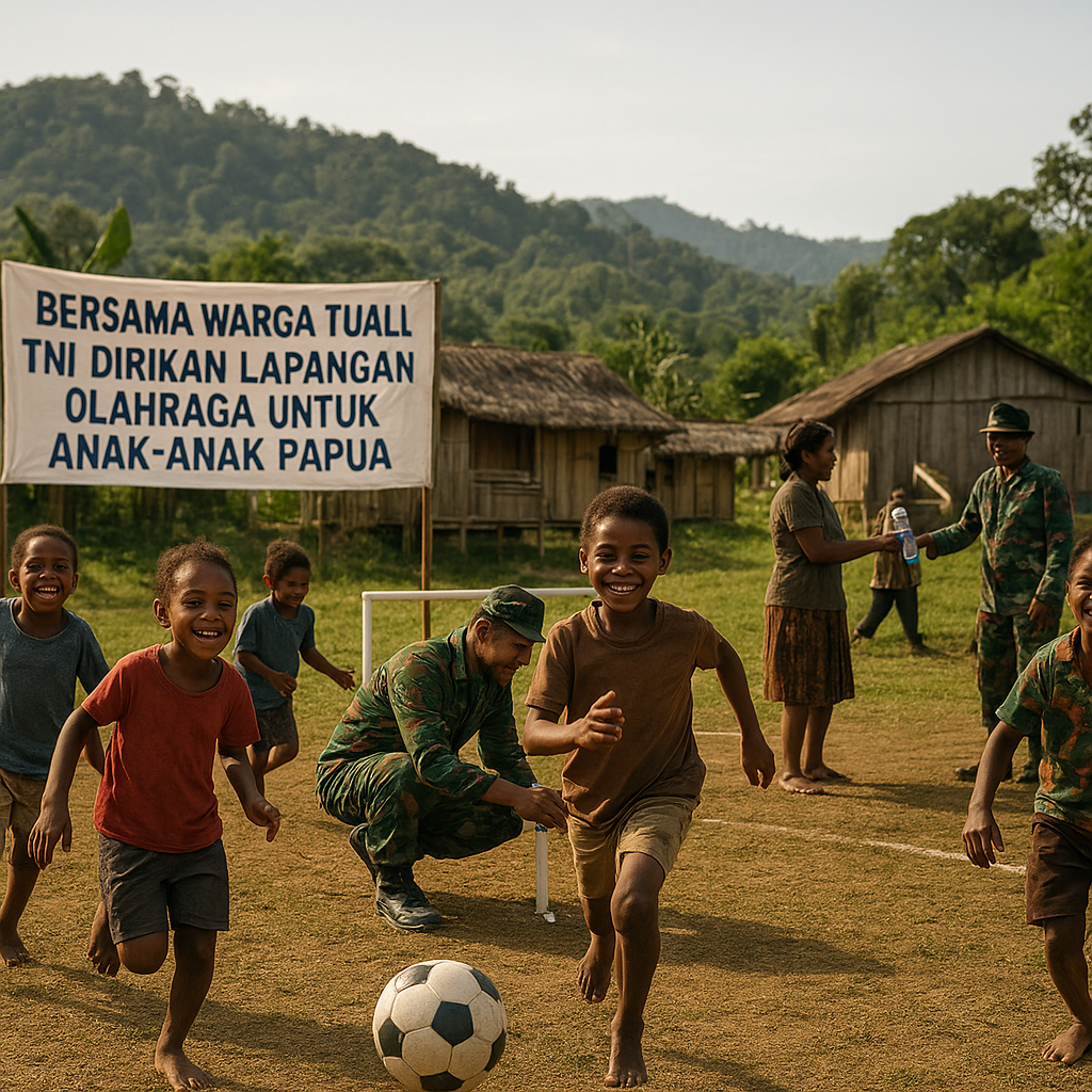 Bersama Warga Tuali, TNI Dirikan Lapangan Olahraga untuk Anak-Anak Papua