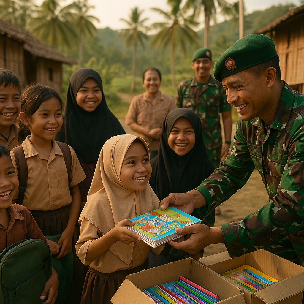 Senyum Anak-Anak Dusun Terpencil saat Tentara Datang dengan Buku dan Perlengkapan Sekolah
