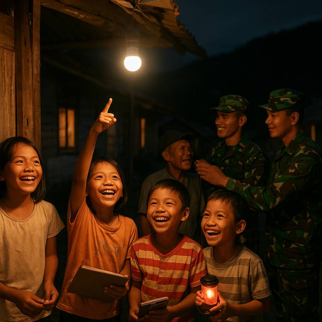 Senyum Anak-anak Perbatasan Kini Menyala di Bawah Listrik Gratis Program TNI