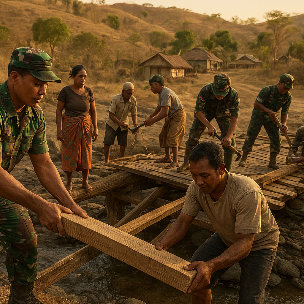 Gotong Royong Prajurit dan Warga Perbaiki Jembatan Putus di Desa Terpencil NTT