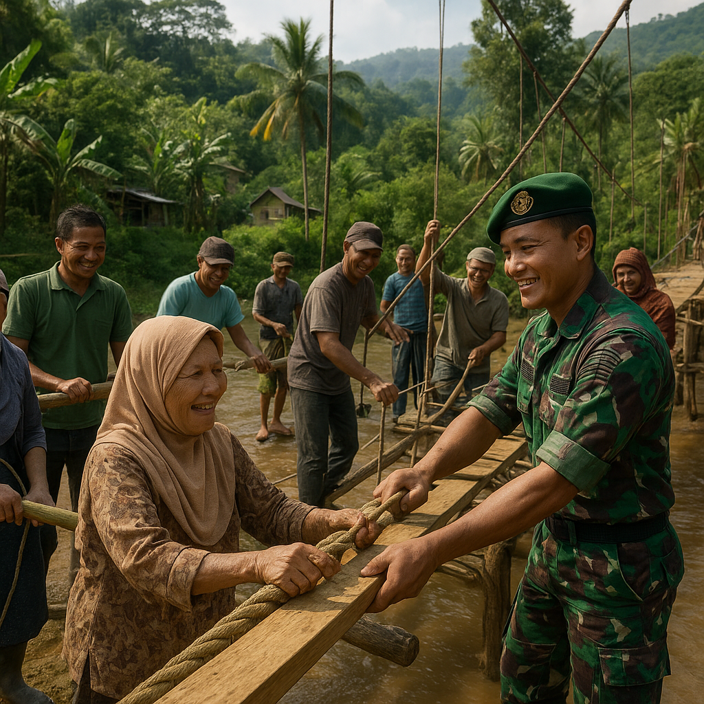 Babinsa Bersama Warga Gotong Royong Membangun Jembatan Gantung di Gayo Lues
