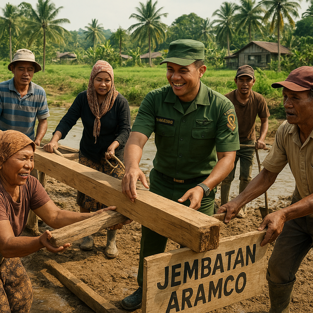 Babinsa dan Warga Desa Madang Bahu-membahu Bangun Jembatan Aramco