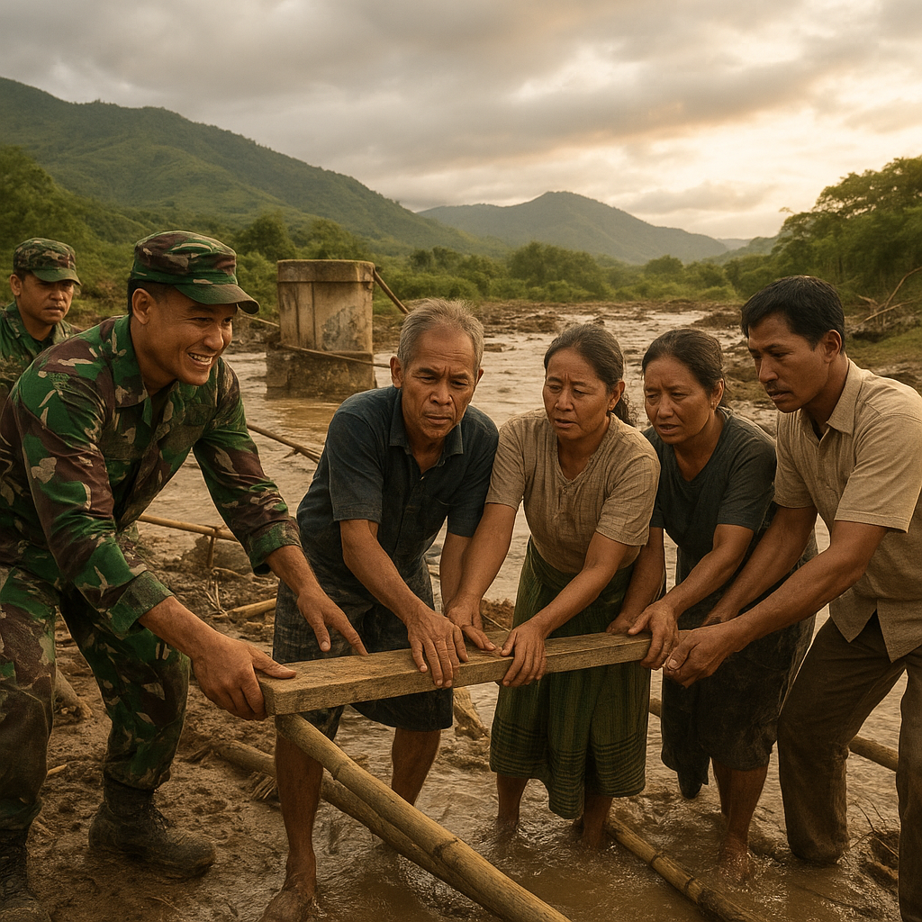 Prajurit TNI Bantu Warga Perbaiki Jembatan Putus Dampak Banjir di Flores