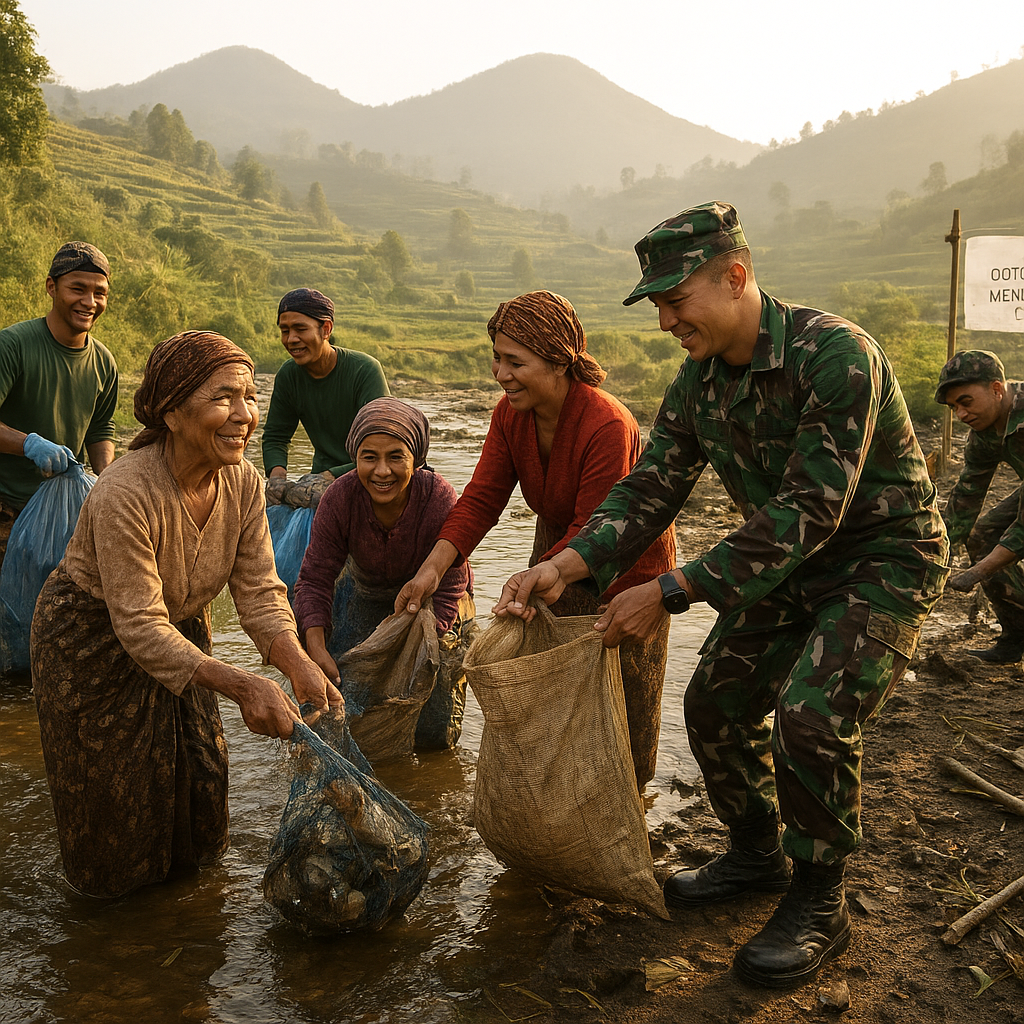 Gotong Royong Membersihkan Sungai, Prajurit dan Warga Dieng Wujudkan Lingkungan Sehat