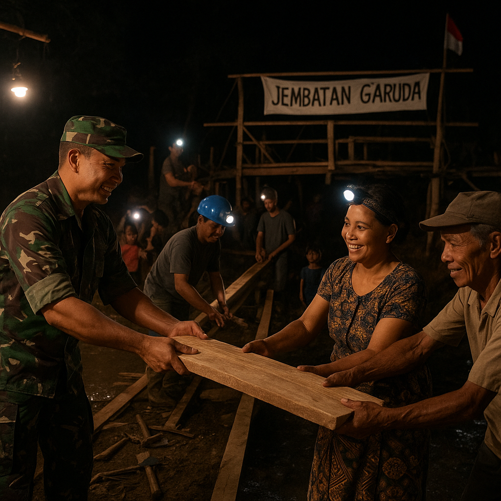 Semangat Malam Hari: TNI dan Warga Kupang Bahu-Membahu Bangun Jembatan Garuda