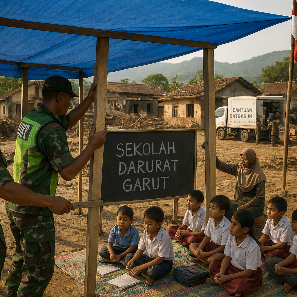 Satgas TNI Bantu Bangun Sekolah Darurat Pasca-Banjir Bandang di Garut