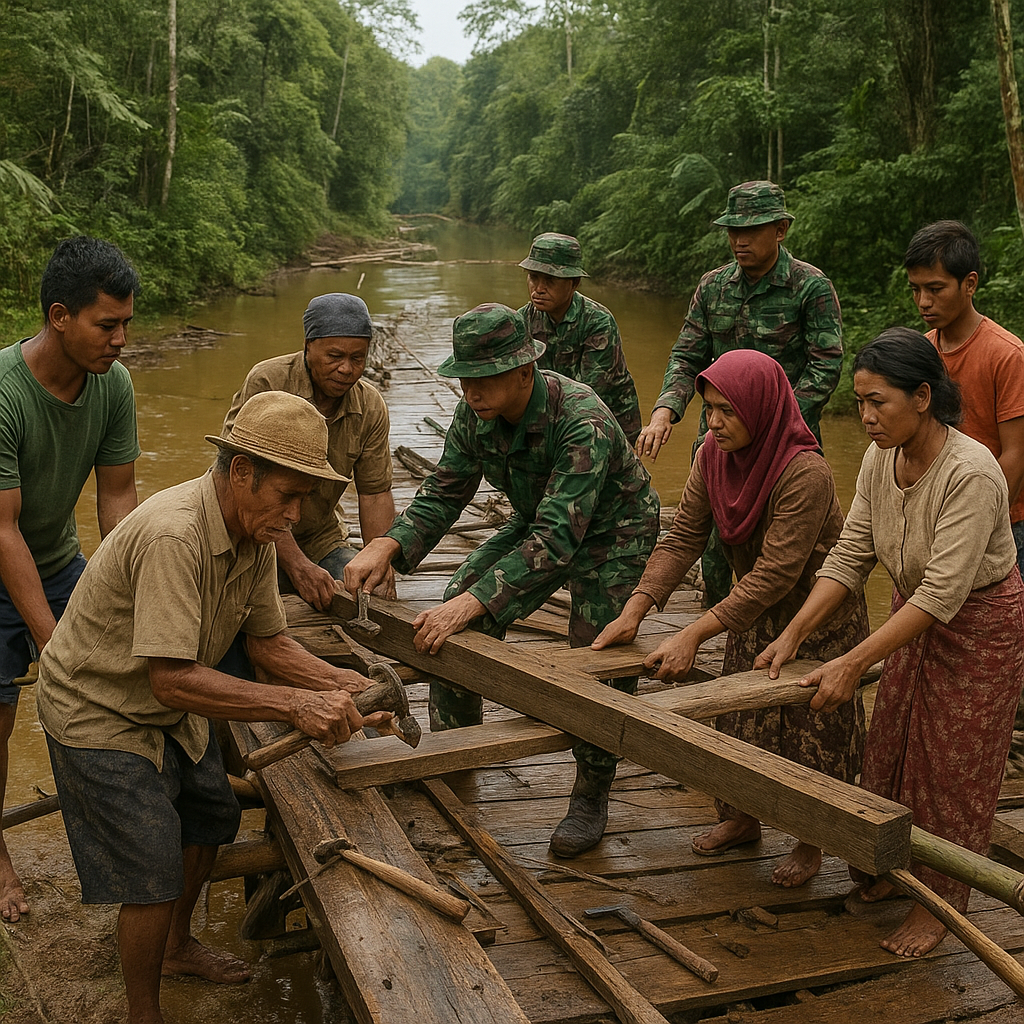 Gotong Royong Perbaiki Jembatan Rusak, Warga dan Prajurit Satgas Bersatu di Pedalaman Kalimantan