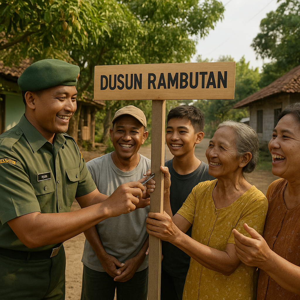 Babinsa Koramil 07/Pbg Bantu Warga Pasang Papan Nama Jalan di Dusun Rambutan