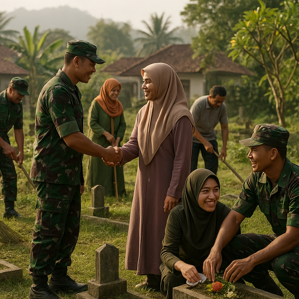 Jalin Silaturahmi, Personel TNI Ikut Kerja Bakti Membersihkan Makam Desa di Jawa Barat