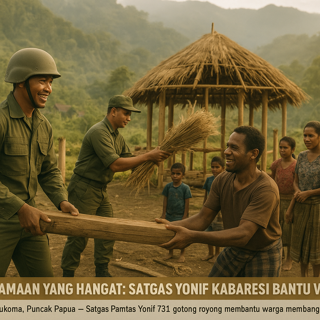 Kebersamaan yang Hangat: Satgas Yonif Kabaresi Bantu Warga Puncak Bangun Honai
