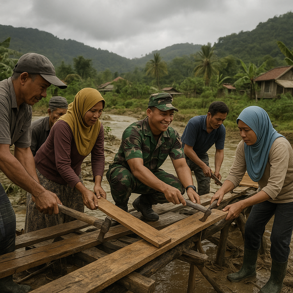 Babinsa Bantu Warga Perbaiki Jembatan Titian yang Rusak Diterjang Banjir di Aceh Tengah