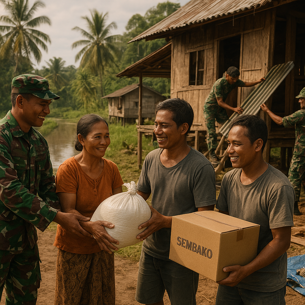 Satgas Bagikan Sembako dan Bantu Perbaikan Rumah Warga di Perbatasan Kalimantan