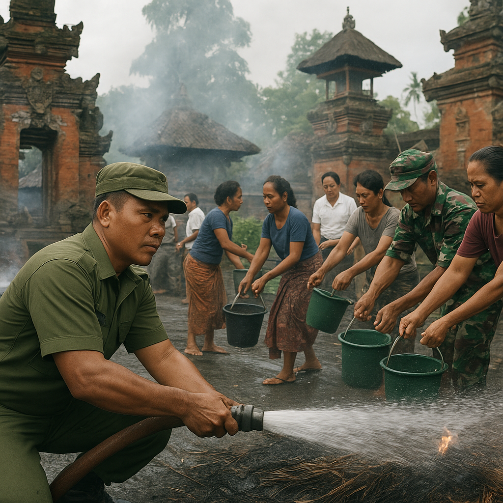 Babinsa Koramil Nusa Penida Turun Tangan Atasi Kebakaran di Pura Puseh