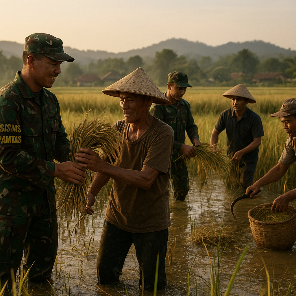 Satgas Pamtas Bantu Petani di Perbatasan Kalbar Panen Padi, Hasil Bumi untuk Kedaulatan Pangan