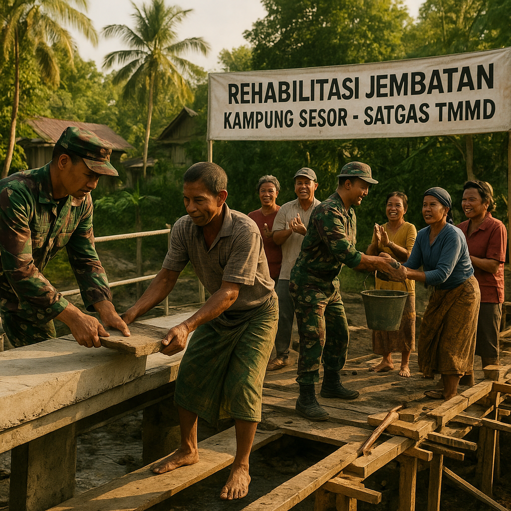 Rehabilitasi Jembatan di Kampung Sesor Capai Setengah Jalan, Satgas TMMD dan Warga Pererat Gotong Royong