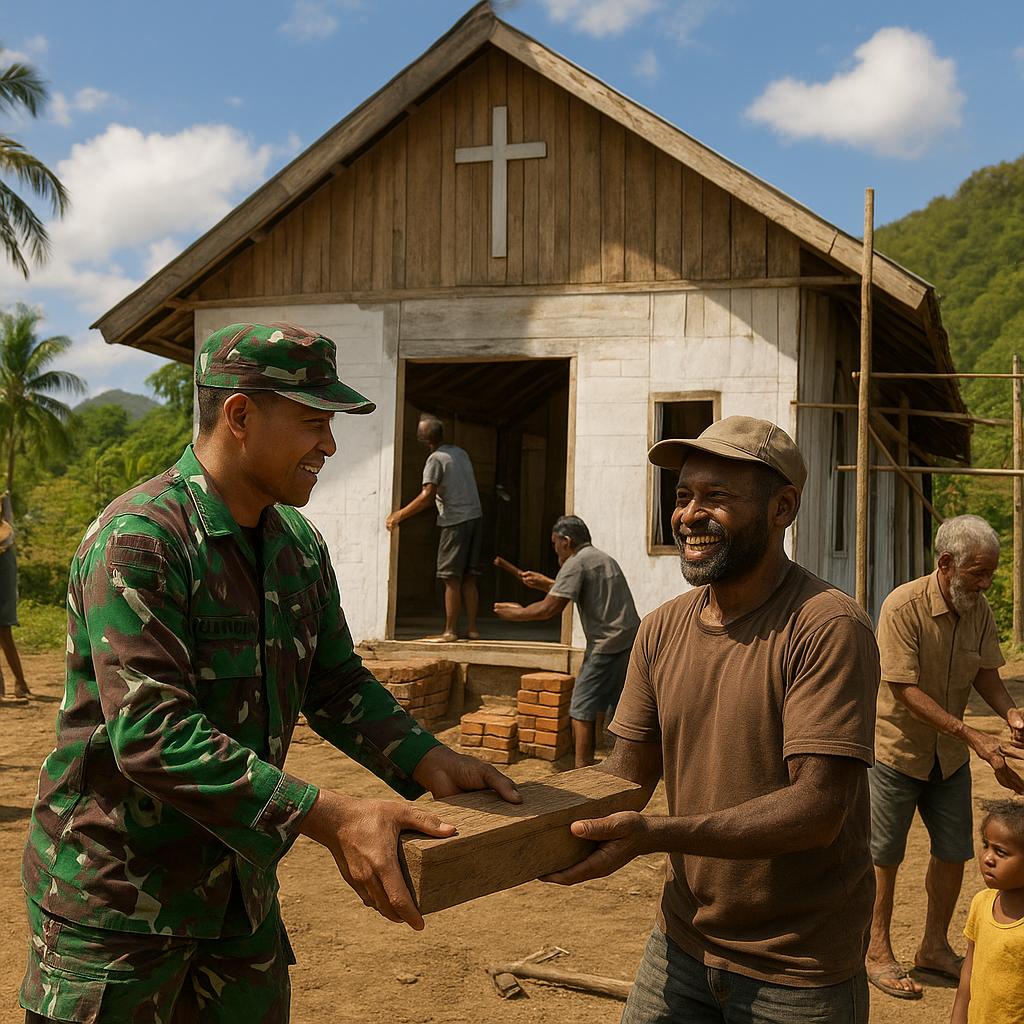 Satgas Yonif 121/MK dan Warga Papua: Gotong Royong Bangun Harapan di Gereja