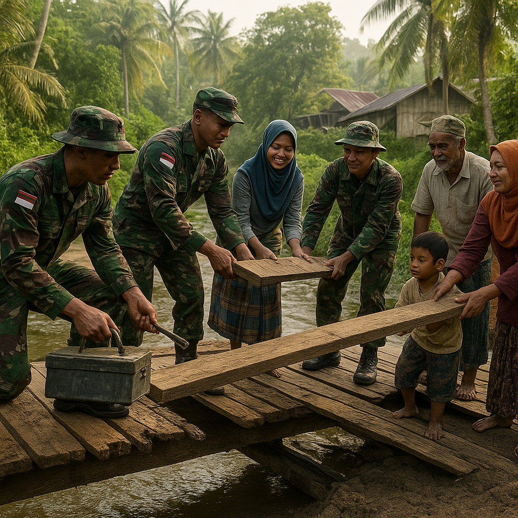 Prajurit TNI Bantu Warga Perbaiki Jembatan Rusak di Desa Terpencil Aceh