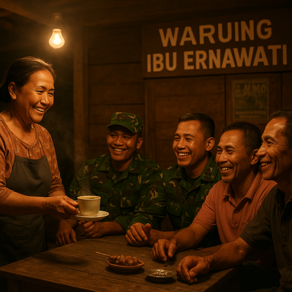 Kopi dan Cerita di Warung Ibu Ernawati, Komsos Satgas TMMD Langkat Hangatkan Malam Desa
