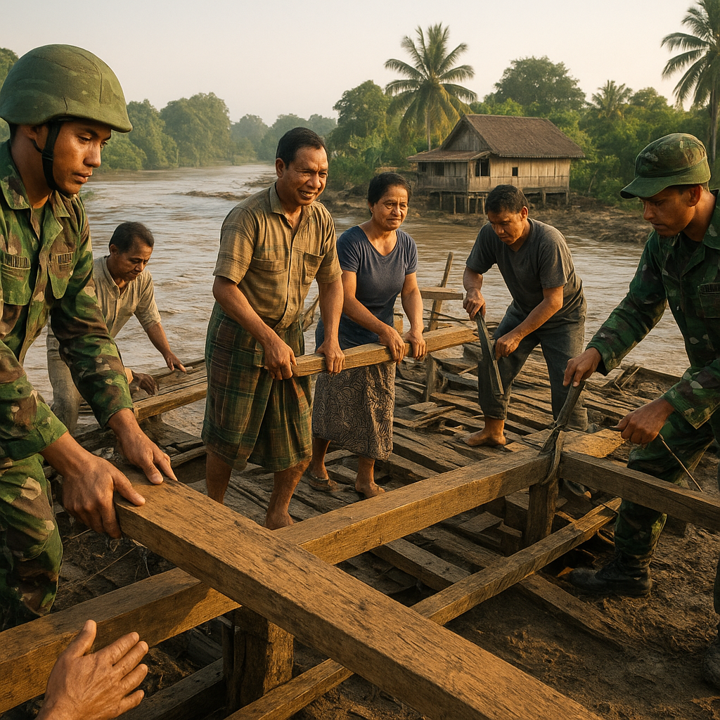 Prajurit TNI Bantu Perbaiki Jembatan Rusak di Perbatasan Kalimantan, Warga Lega