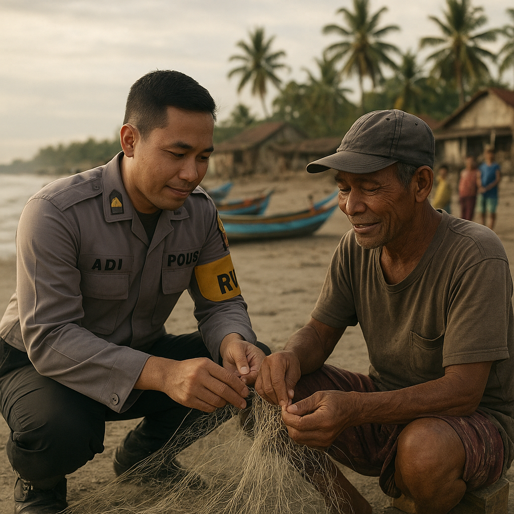 Polisi RW di Kampung Laut Cilacap Bantu Nelayan Perbaiki Jaring Rusak