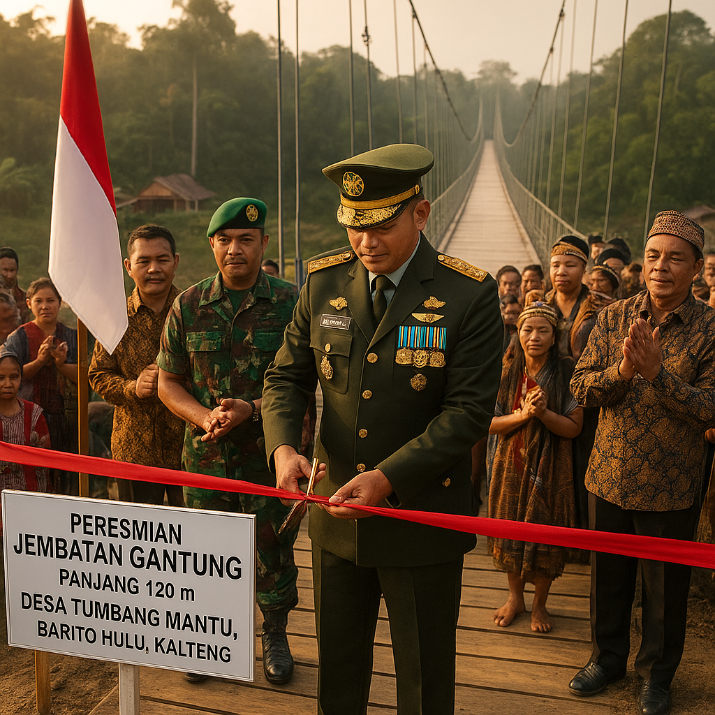Danrem 102/Panunggal Resmikan Jembatan Gantung di Desa Barito Hulu, Kalteng