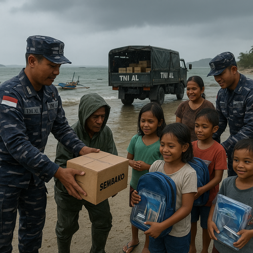 TNI AL Bagi-bagi Sembako dan Peralatan Sekolah untuk Anak Nelayan di Pulau Terluar