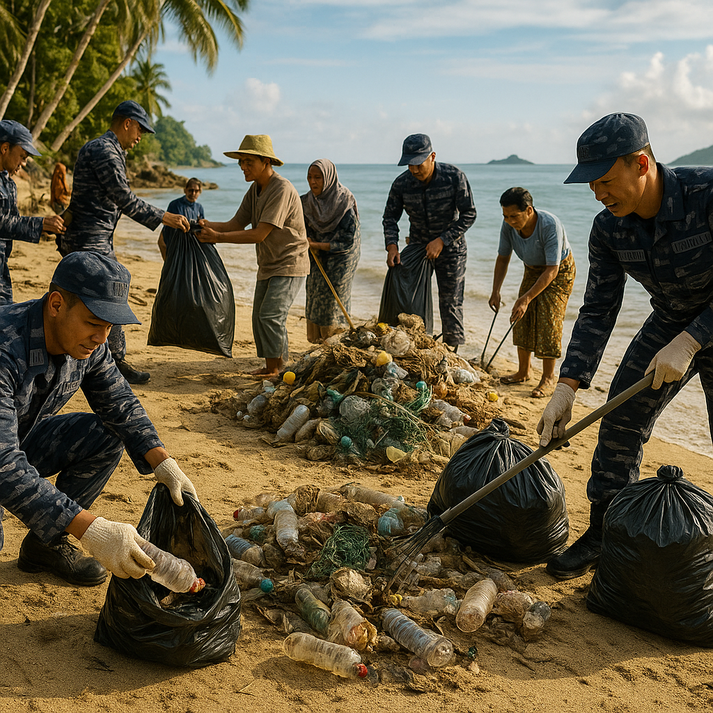 Kegiatan Bersih-Bersih Pantai oleh Satgas TNI AL di Pesisir Pulau Lemukutan