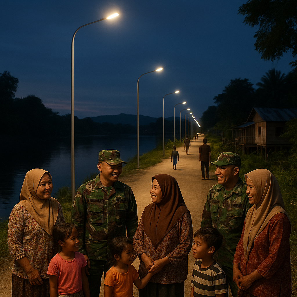 Tepian Sungai Kapuas yang Kini Terang: Satgas TMMD Pasang Penerangan Jalan di Desa Terpencil