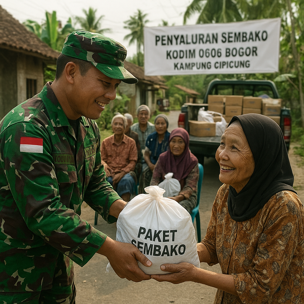 Prajurit Kodim Bogor Salurkan Sembako untuk 50 Lansia di Kampung Cipicung