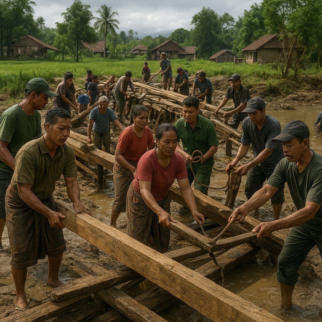 Babinsa Koramil 0810 Bantu Warga Desa Sumbermulya Perbaiki Jembatan Rusak