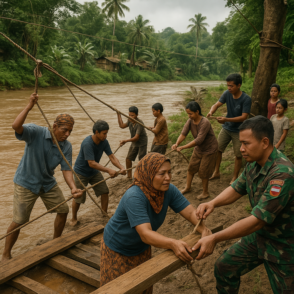 Babinsa dan Warga Desa Suka Maju Gotong Royong Bangun Jembatan Gantung