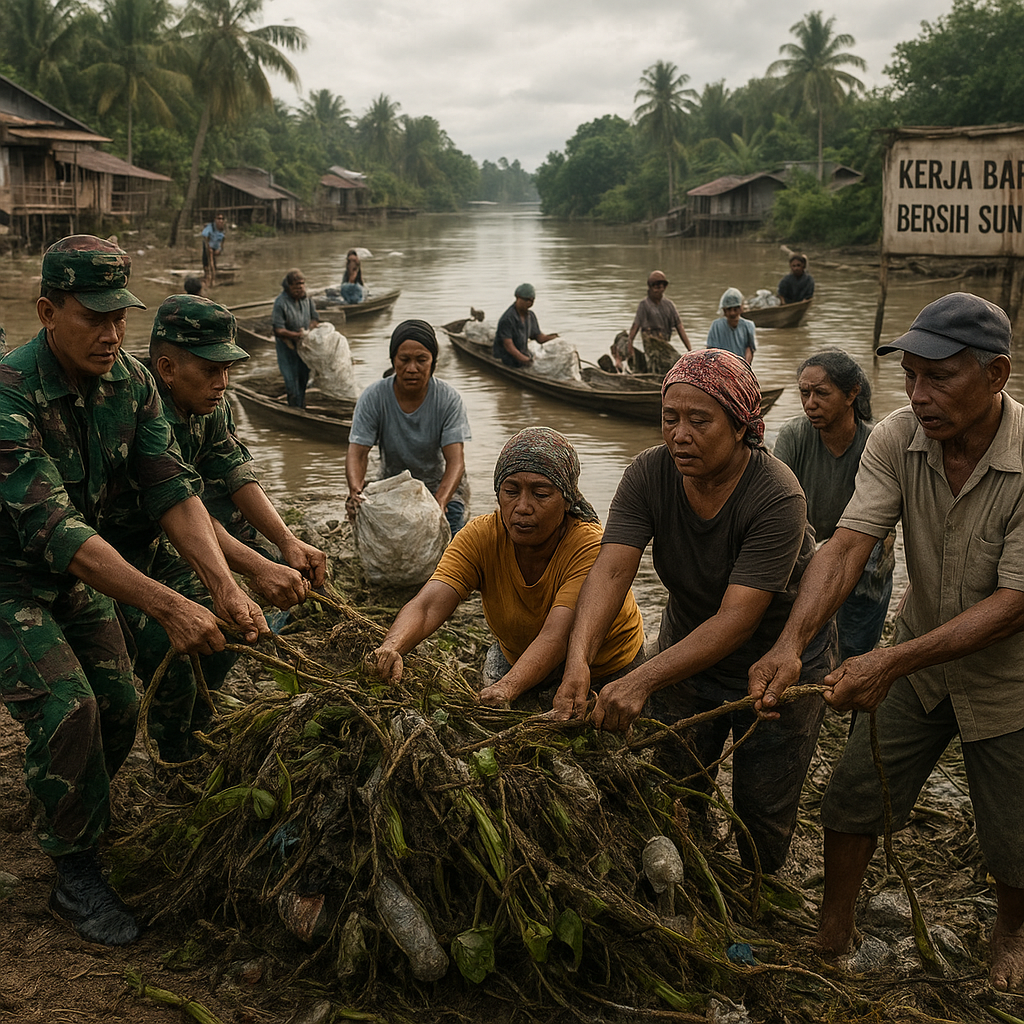 Prajurit TNI dan Warga Bersih-bersih Sungai di Desa Terpencil Kalteng