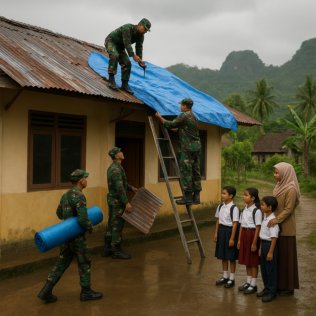 TNI Bantu Bangun Atap Sekolah yang Bocor di Dusun Terpencil Gunung Kidul