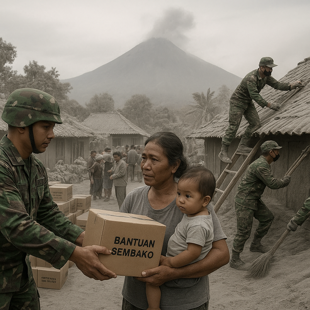 Bantuan Sembako TNI untuk Warga Lereng Merapi Terdampak Hujan Abu