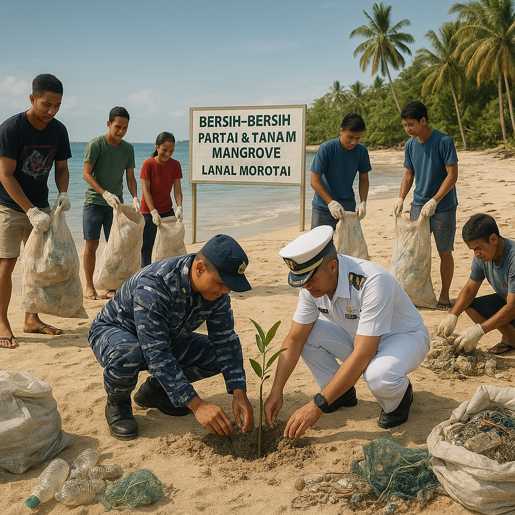 Bersih-Bersih Pantai dan Tanam Mangrove, Prajurit TNI AL di Morotai Gairahkan Pemuda Pesisir
