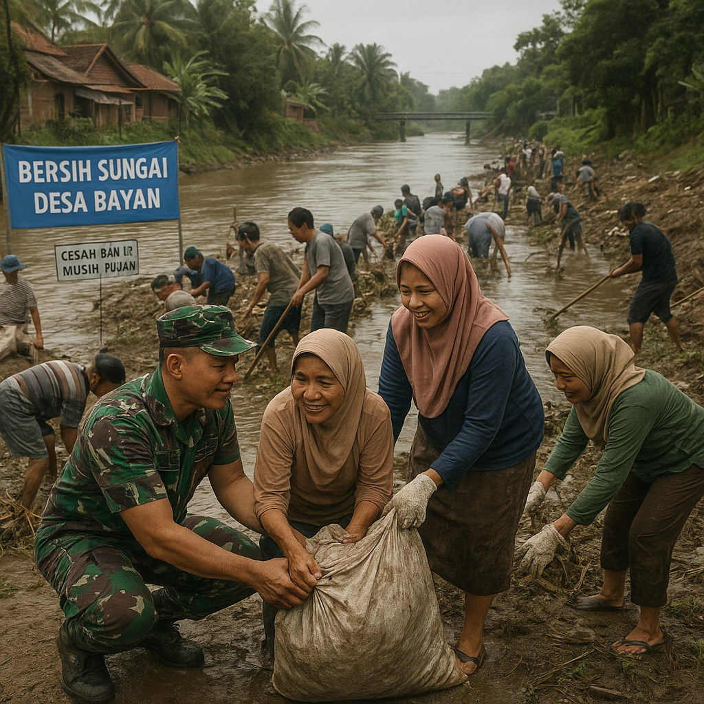 Babinsa dan Warga Bersihkan Sungai di Desa Bayan, Cegah Banjir Musim Hujan