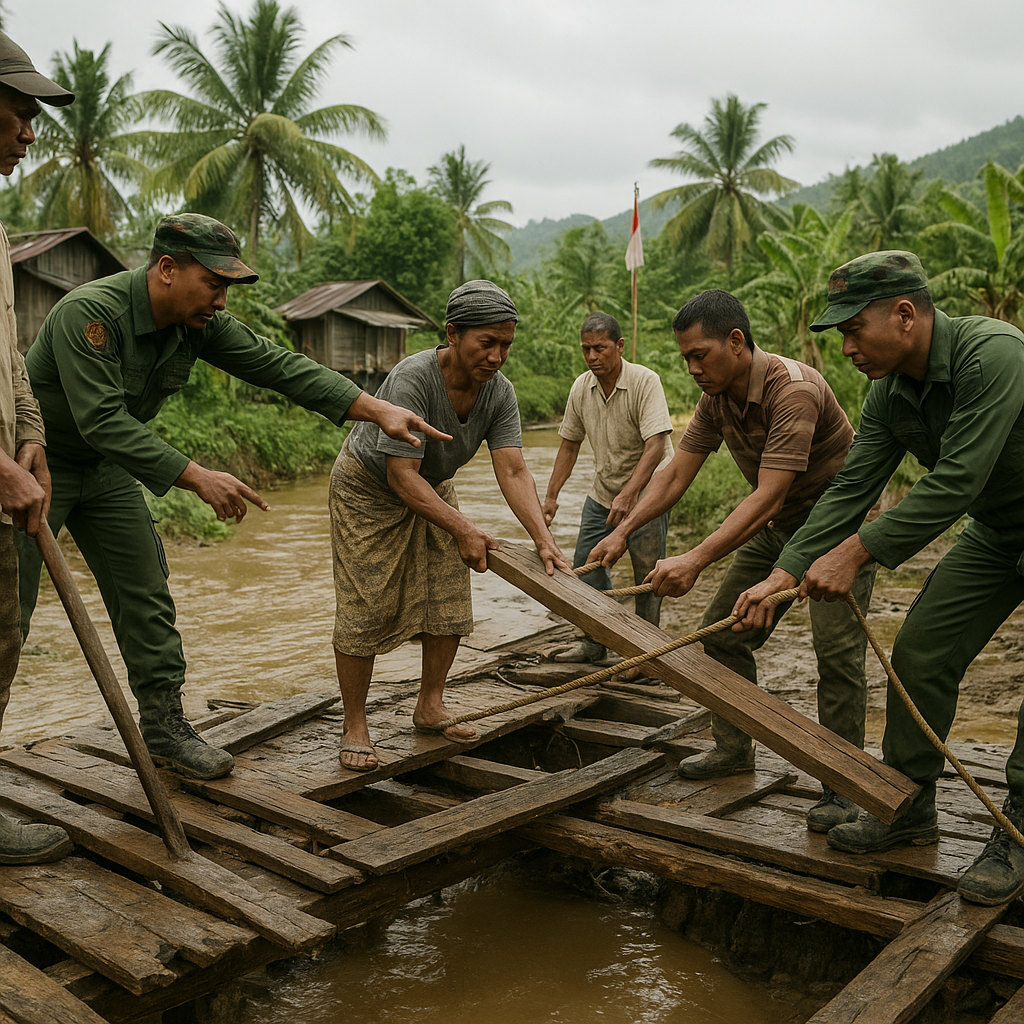 Prajurit TNI Bantu Perbaiki Jembatan Rusak Penghubung Dusun Terpencil di Halmahera