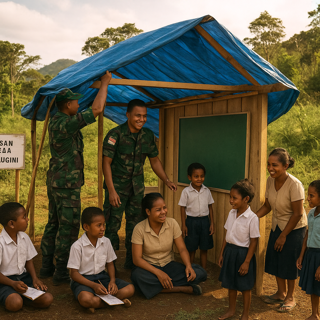 Satgas TNI Perbatasan Bantu Bangun Sekolah Darurat di Perbatasan Papua Nugini