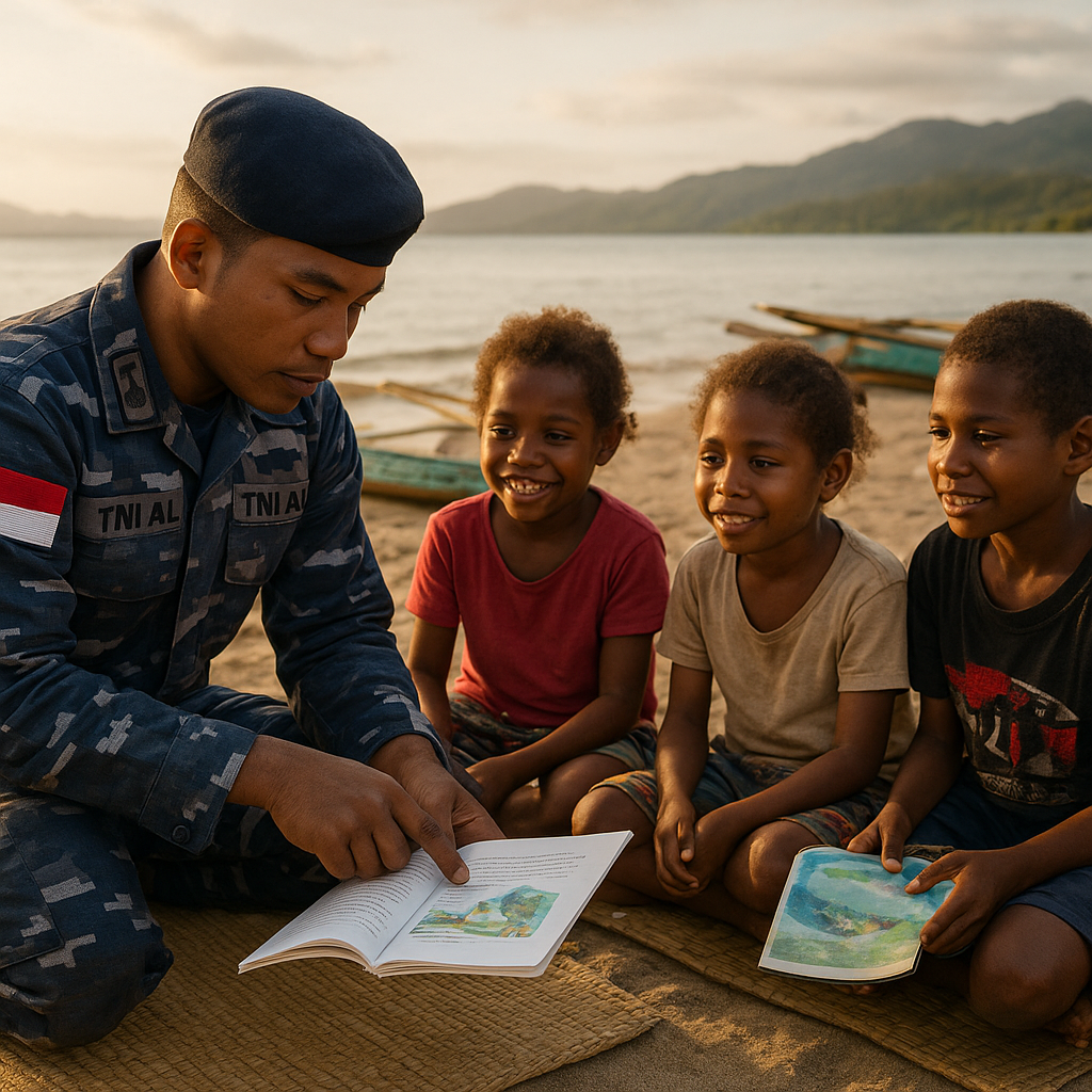 Cerita Haru: Prajurit TNI AL Ajak Anak Nelayan di Papua Belajar Membaca di Pantai