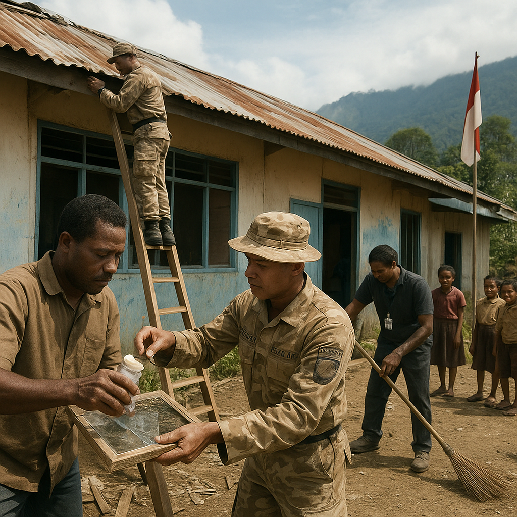 Satgas Binter Yonif Mekanis Raider 413 Kostrad Bantu Perbaiki Sekolah Rusak di Sugapa