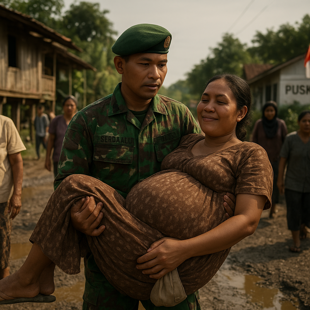 Babinsa Serda Ali Gendong Ibu Hamil saat Jalan Rusak, Warga Terharu