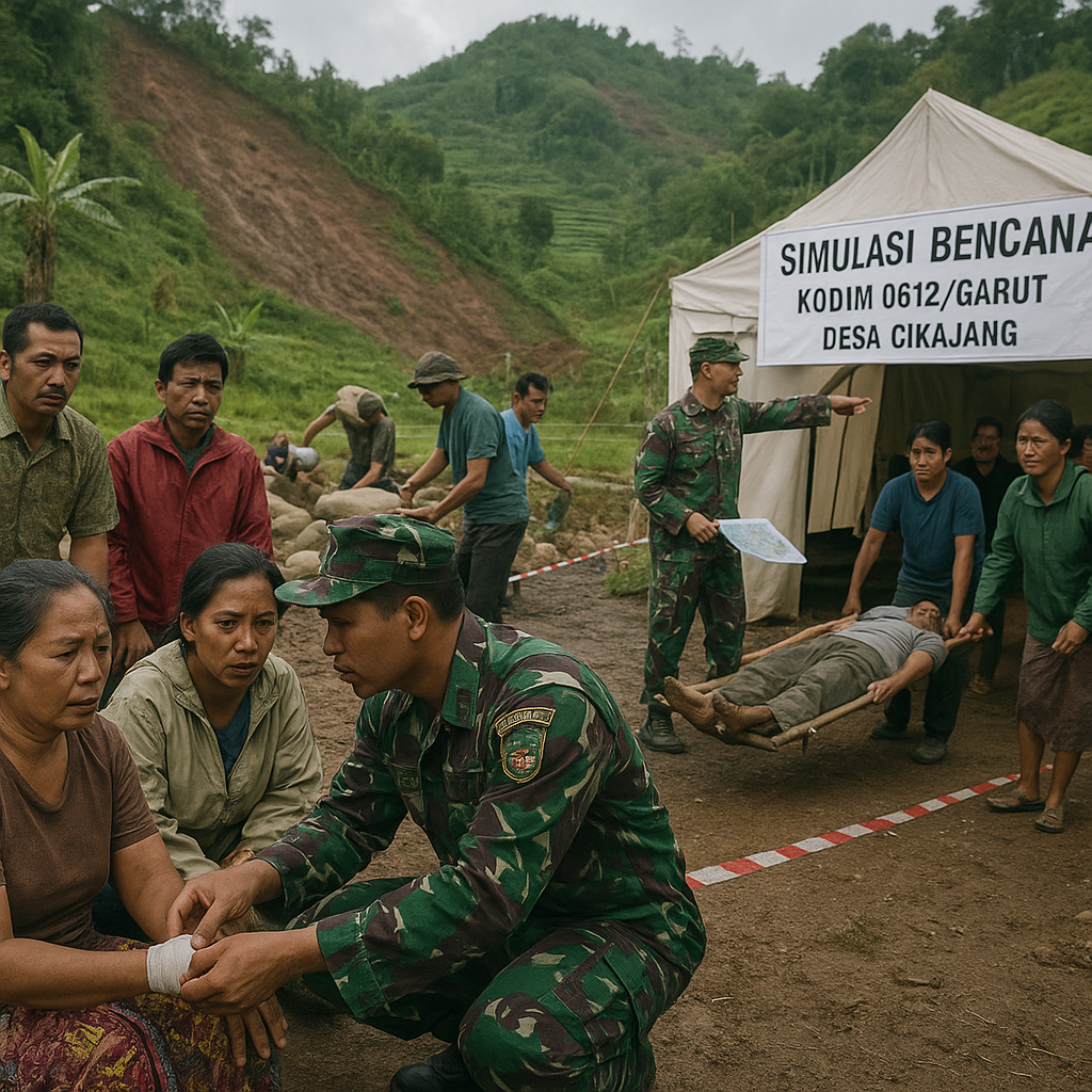 Kodim Garut Gelar Simulasi Bencana di Desa Cikajang, Warga Belajar Evakuasi