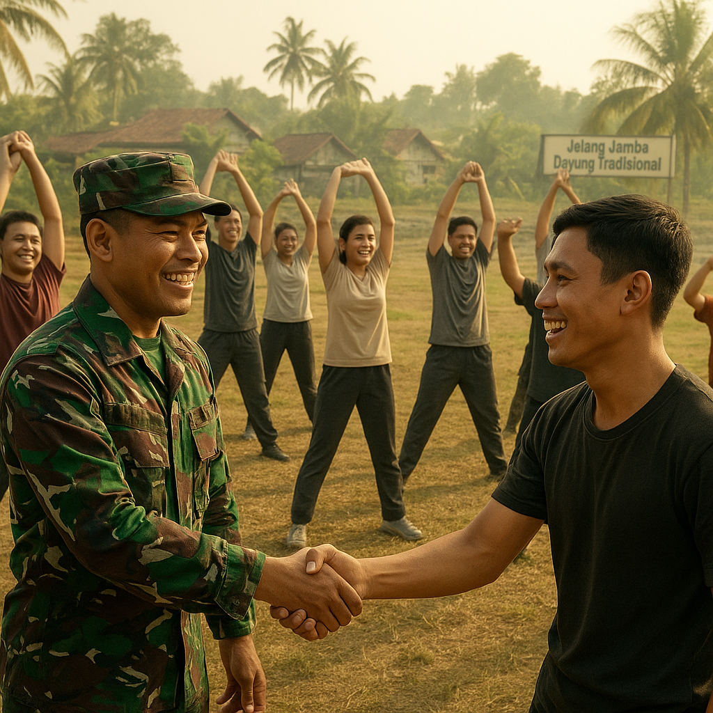 Jelang Lomba Dayung Tradisional, Prajurit TNI Ajak Pemuda Desa Rawaurip Olahraga Bersama
