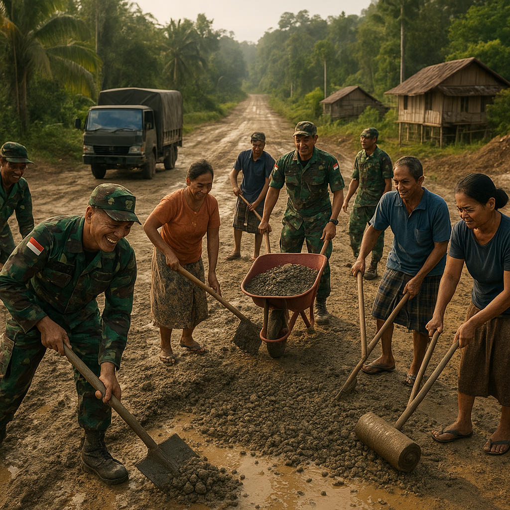 TNI AD Bantu Perbaiki Jalan Desa yang Rusak Parah di Pedalaman Kalimantan