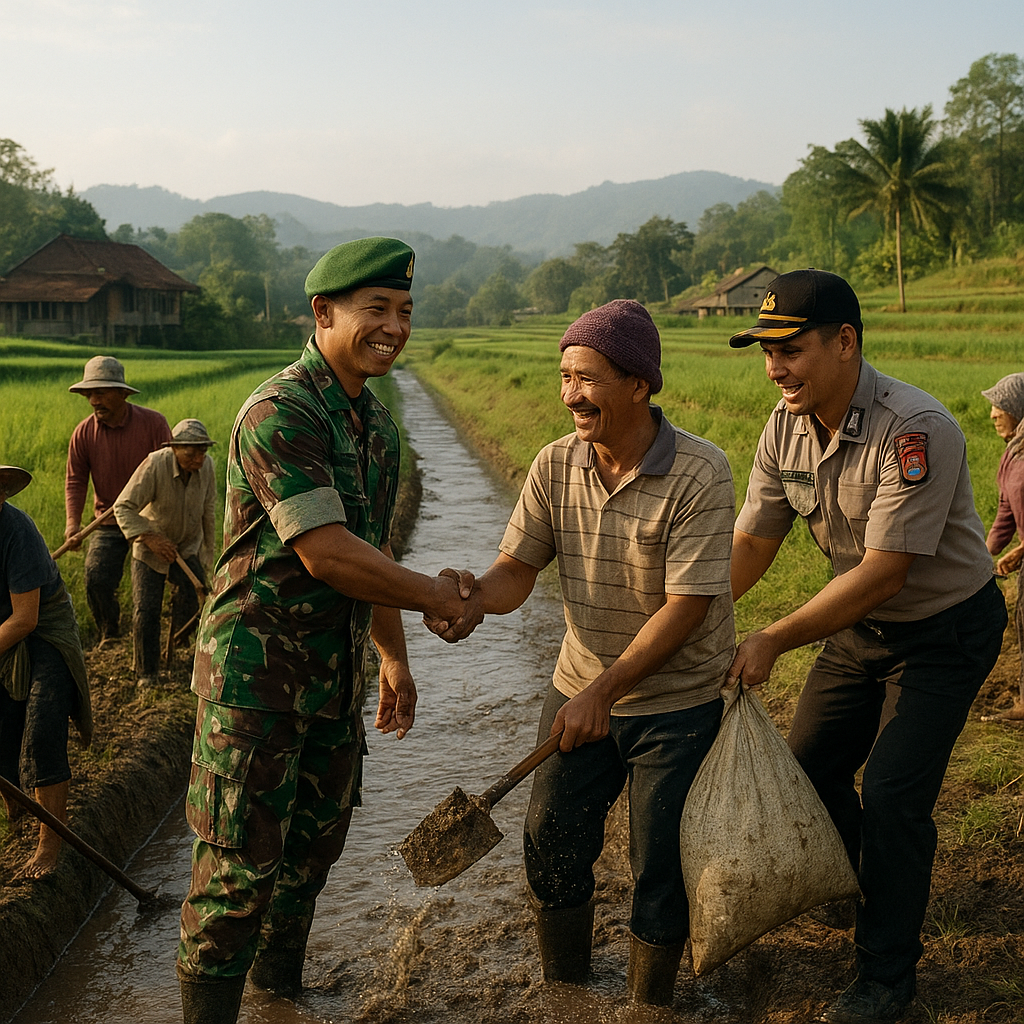 Gotong Royong TNI-Polri dan Warga Bersihkan Saluran Irigasi di Sukabumi Jelang Musim Tanam